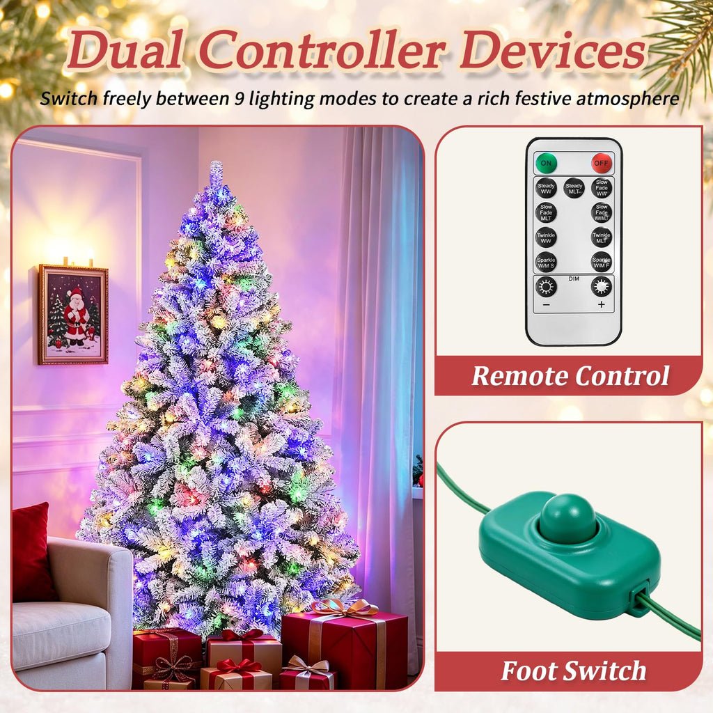 7.5FT Pre-lit Snow Flocked Christmas Tree with Remote Control, Convenient Foot Switch, 9 Modes 450 Multicolor LED