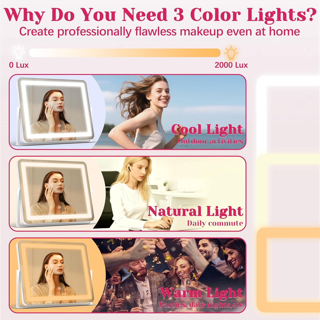 22"x17" Vanity Mirror with Lights, LED Makeup Mirror with 3 Color Modes & Dimmable Touch Control, 360 Rotation