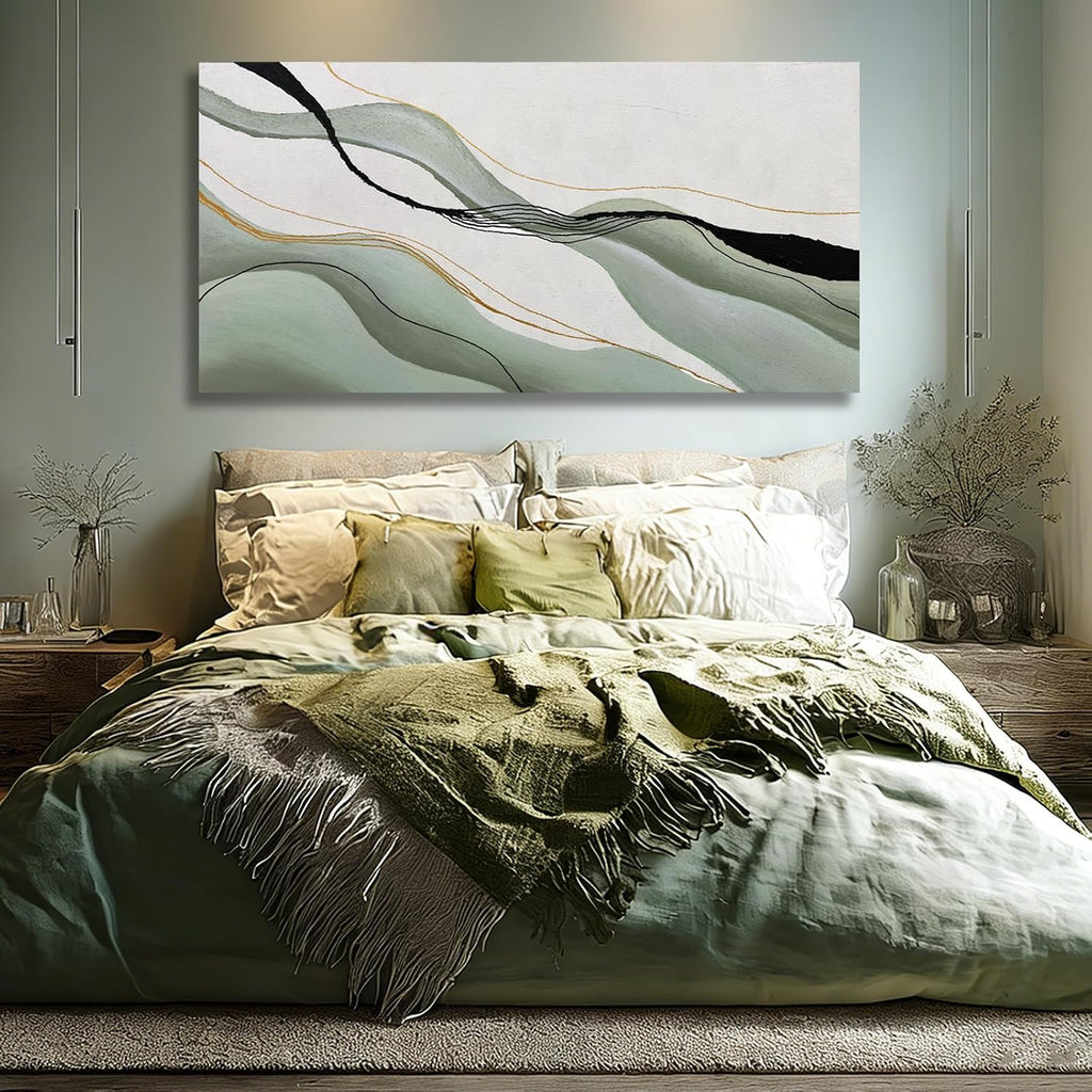 Green White Black Modern Abstract Art Print, Large Canvas Decor Bedroom Office Dining Room, 28x59 Inch