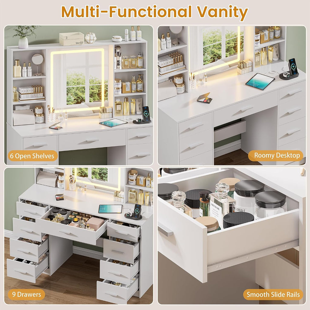 Vanity Desk with Mirror and Lights, Makeup Vanity Desk with 9 Drawers & 6 Shelves, Make up Vanity, Dressing Table