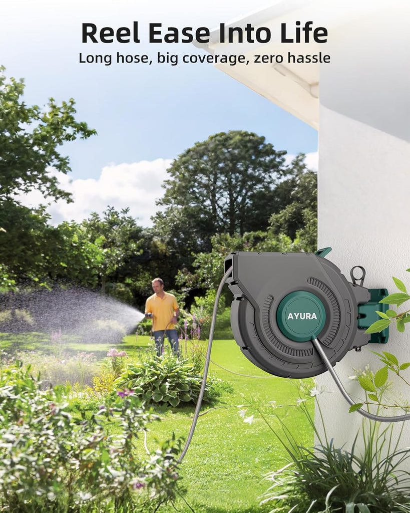 Retractable Garden Hose Reel 1/2 Inch x 100 ft,Automatic Slow Rewind System | Heavy Duty Automatic Garden Hose Reels