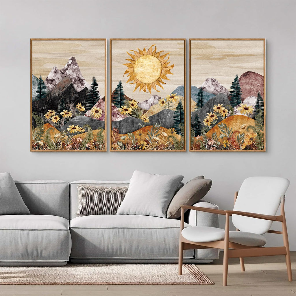 Boho Mountain Framed Canvas Wall Art, Western Daisy Floral Landscape Wall Decor, Rustic Fern Flowers Art Painting