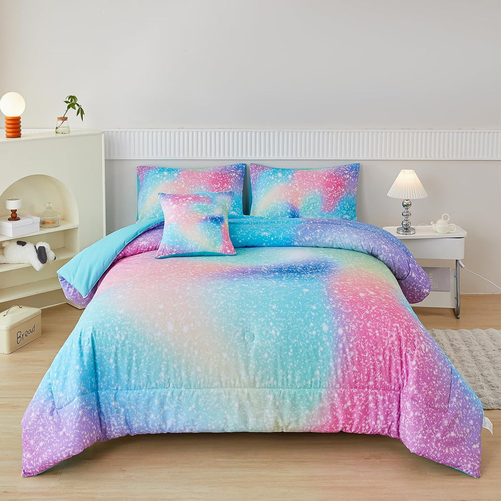 Pink Green Girls Comforter Set, 6 Pieces Colorful Rainbow Kids Bedding Sets, Tie Dye Ombre Glitter Bed in A Bag