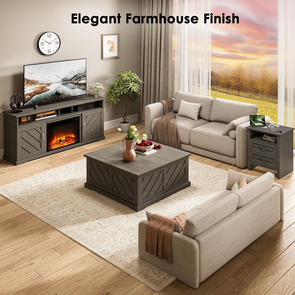 Fireplace TV Stand for 70 inch TV, Farmhouse Entertainment Center with Storage, Wood TV Console with Fireplace, TV