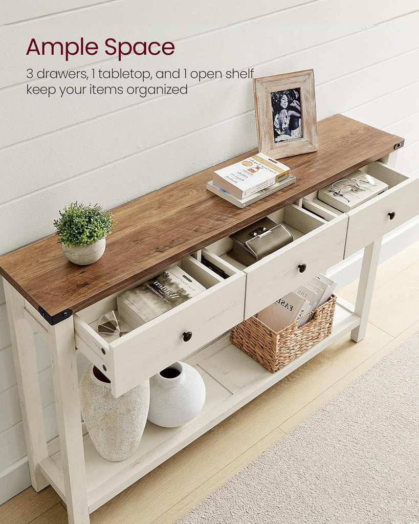 Console Sofa Table, Narrow Entryway Table with 3 Drawers, Open Storage Shelf, Metal Corners, , Farmhouse