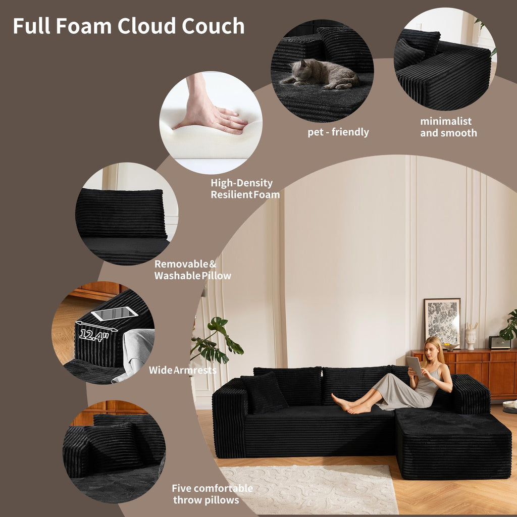 110" No Assembly Compression Boneless in a Box Cloud Sectional Couches L-Shape Couch Sleeper Sofa, Modern Modular