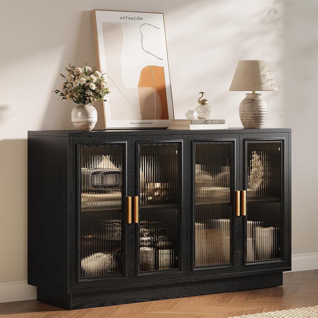 Sideboard Buffet Cabinet with Storage - 55.1" Wood Kitchen Cabinets with 4 Doors, Black Large Buffet Table