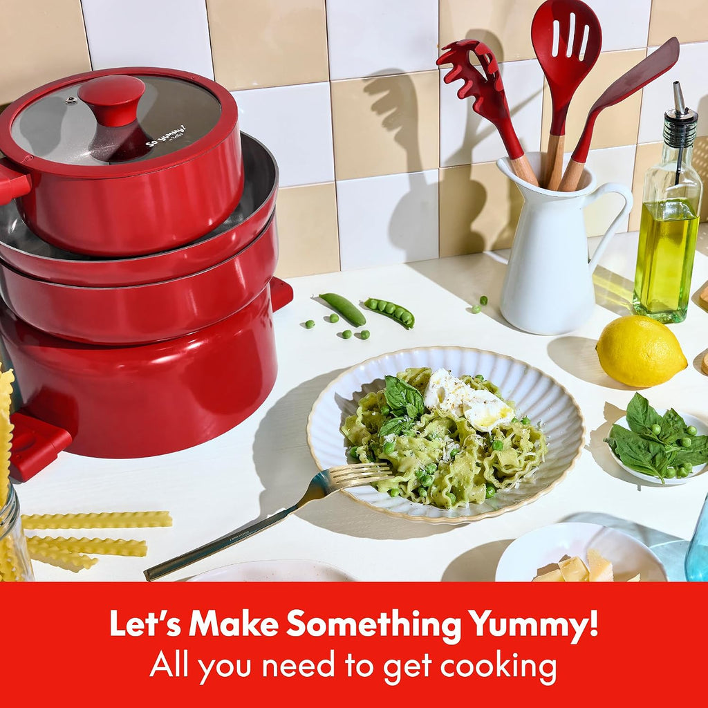 By bella 12 Piece Cookware Set w EverGoodTM Ceramic Nonstick Coating and Silicone & Wood Utensils, Dishwasher Safe
