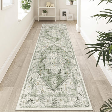 Sage Green Runner Rug Non-Slip - Oriental Bedroom Rugs Long Hallway Rugs Decor, Low-Pile Vintage Carpet