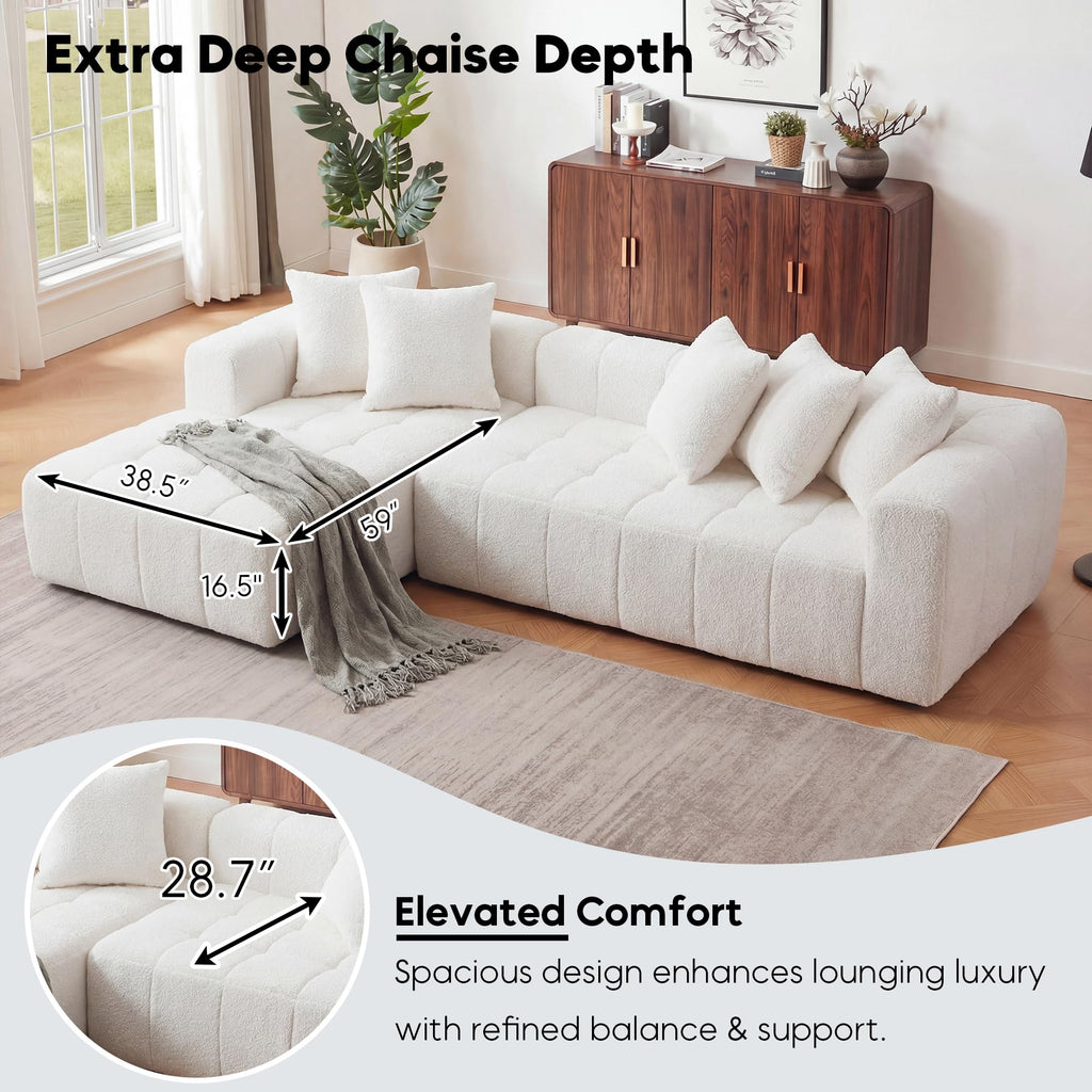 108" Tufted Boucle Cloud Boneless Sectional Sofa, Left Chaise, White