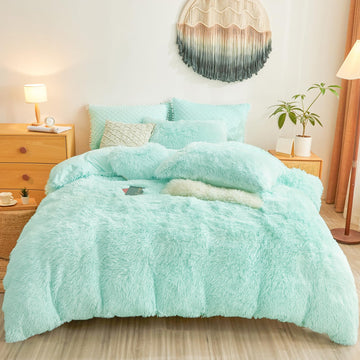 Plush Fluffy Aqua Comforter Cover Set - Faux Fur Plush Aqua Bedding 2-Piece Set (1 Furry Duvet Cover + 1 Shaggy