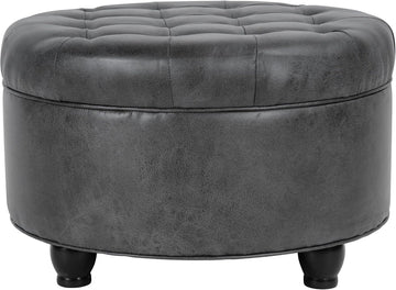 25" Button Tufted Round Storage Ottoman - Gray Faux Leather