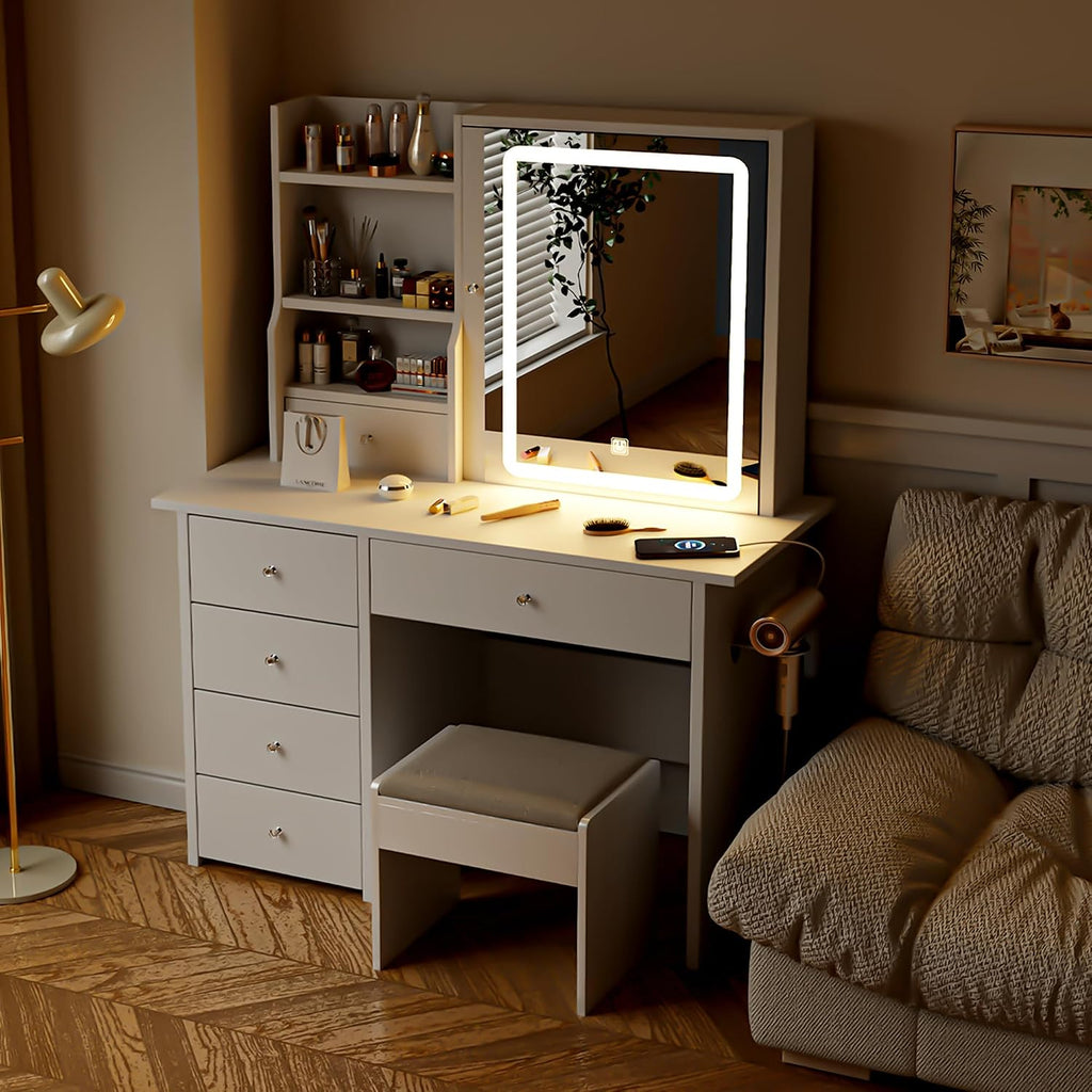 Vanity Desk with Mirror and LED Lights, Makeup Vanity Set with Power Outlet, and Stool,Jewelry Storage,White Vanity
