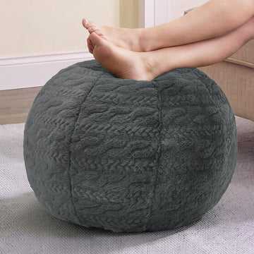 Stuffed Pouf Ottoman Footrest, Round Footstool, Handle, Small, Grey