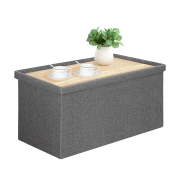 Folding Storage Ottoman Bench with Tray, Grey