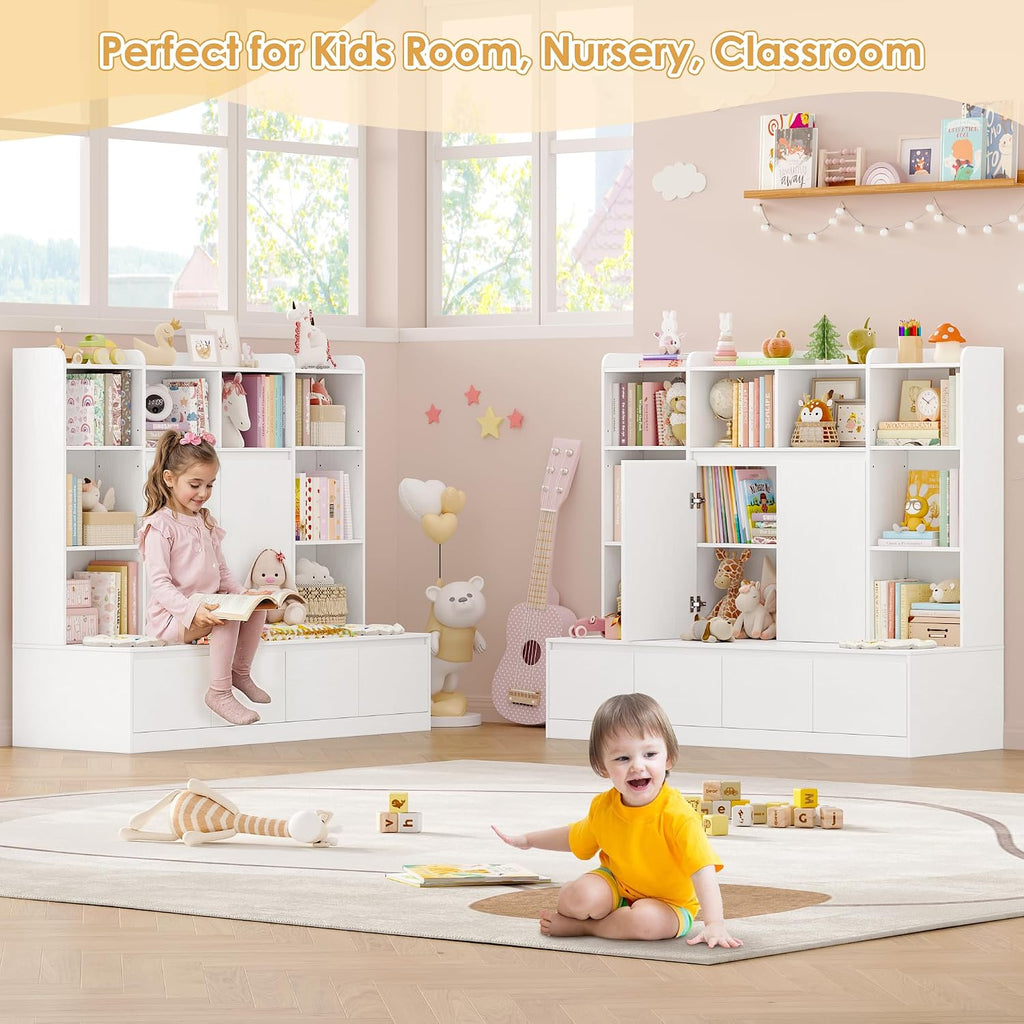 54" W Kids Bookshelf and Toy Storage Organizer Cabinet w/Reading Nook Bench | Kids Bookcase with 10 Storage Cubes & 4