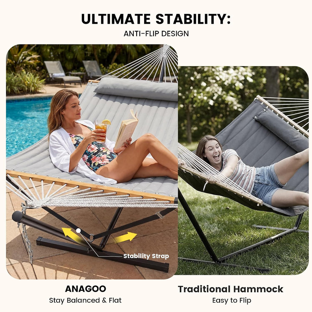 Double Hammock with Stand, Heavy Duty Outdoor Hammock for Two, 500 LBS Capacity, Stable Steel Frame with Balance