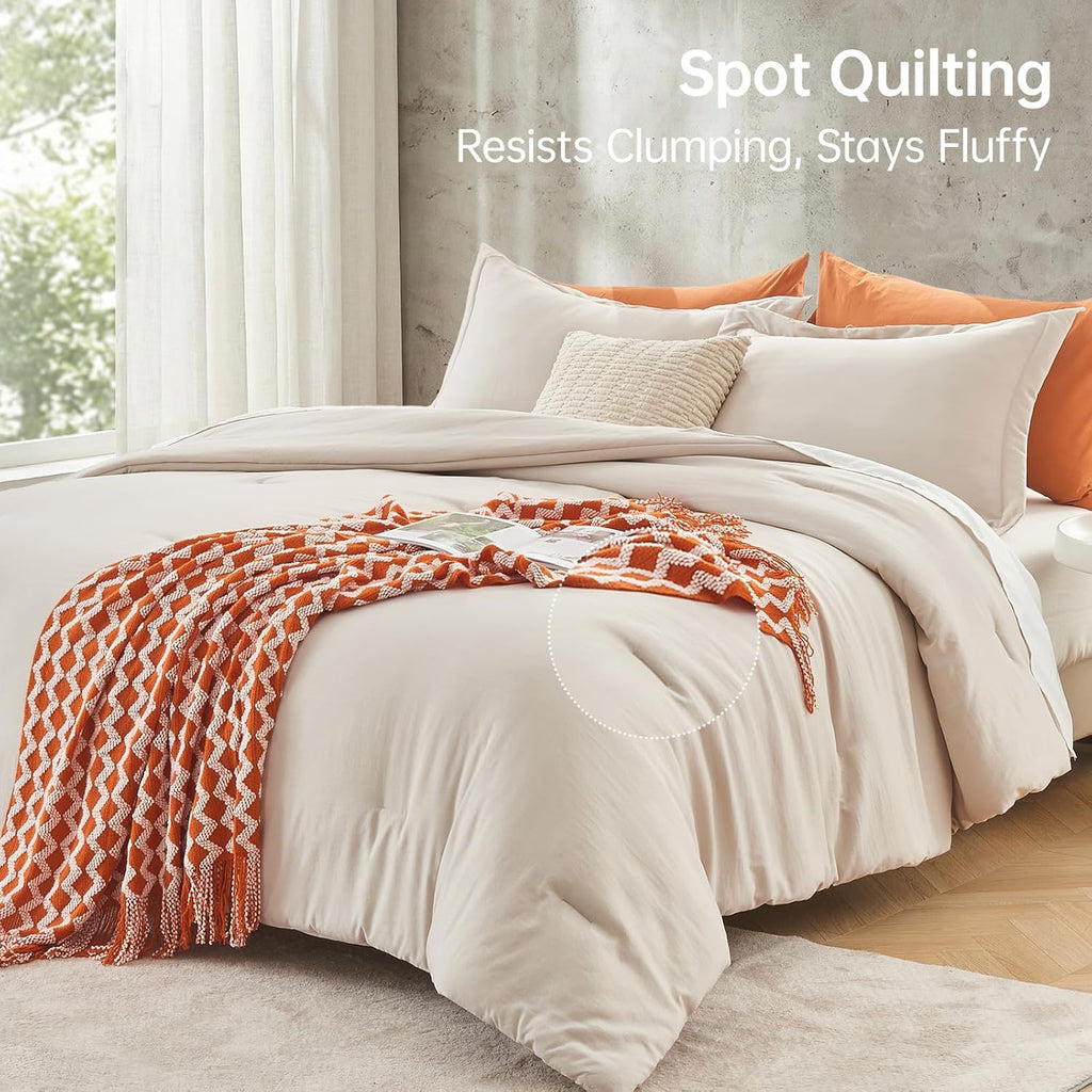 Comforter Set Beige, 3 Piece Solid Bedding for All Seasons