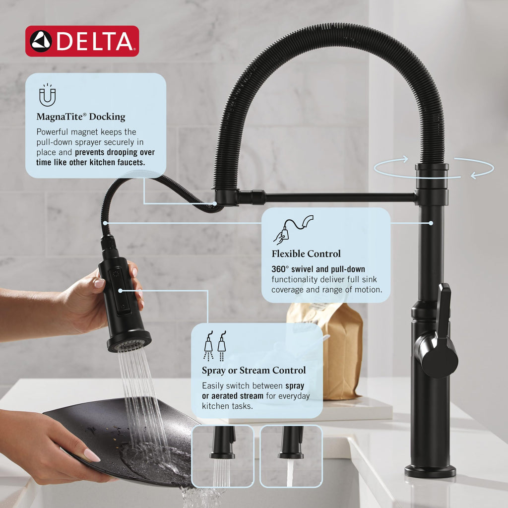 Rhett Pro Style Commercial Kitchen Faucet with Pull Down Sprayer, Single Hole Matte Black Kitchen Sink Faucet, Single