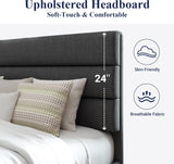 Queen Platform Bed Frame with Fabric Upholstered Headboard and Wooden Slats Support