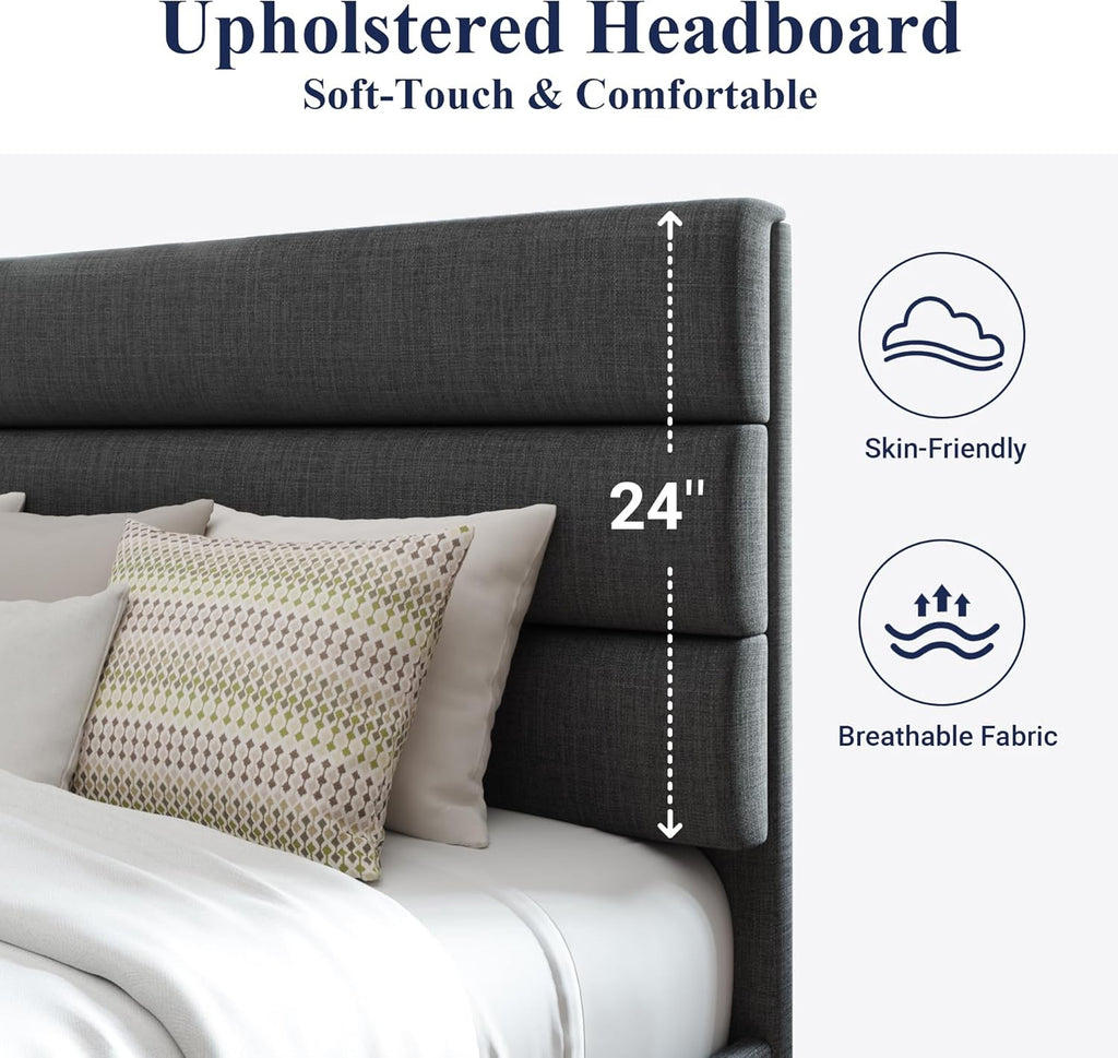 Full Platform Bed Frame with Fabric Upholstered Headboard and Wooden Slats Support