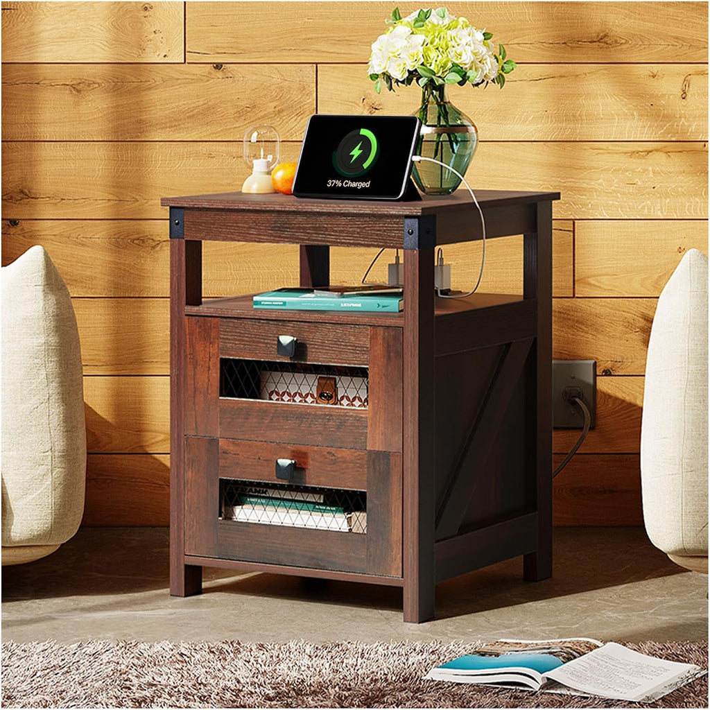 Nightstand with Charging Station, Farmhouse End Table, Bed Side Table with 2 Storage Drawers and Open Shelf, Wood