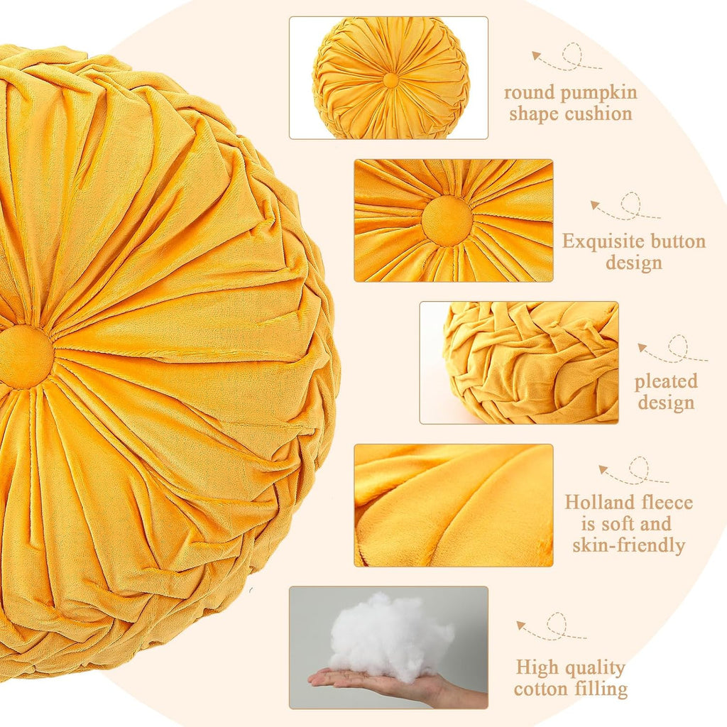 1 Pcs Round Throw Velvet Pillows Decorative Pleated Throw Pillows Diameter Accent Pumpkin Boho Chair Cushion,15'')