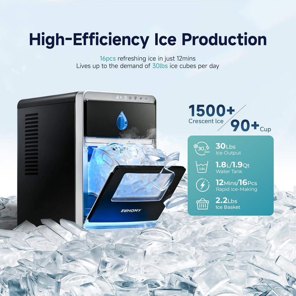 LunaArc Crescent Ice Maker Countertop, 16Pcs Ready in 12Mins, 1600Pcs/Day, Auto Deep Cleaning, Timer, Adjustable Ice
