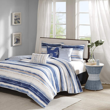 Quilt Set Cottage Coastal Design, 6 Piece Set - All Season, Coverlet Bedspread Lightweight Bedding Layer, Shams, Toss