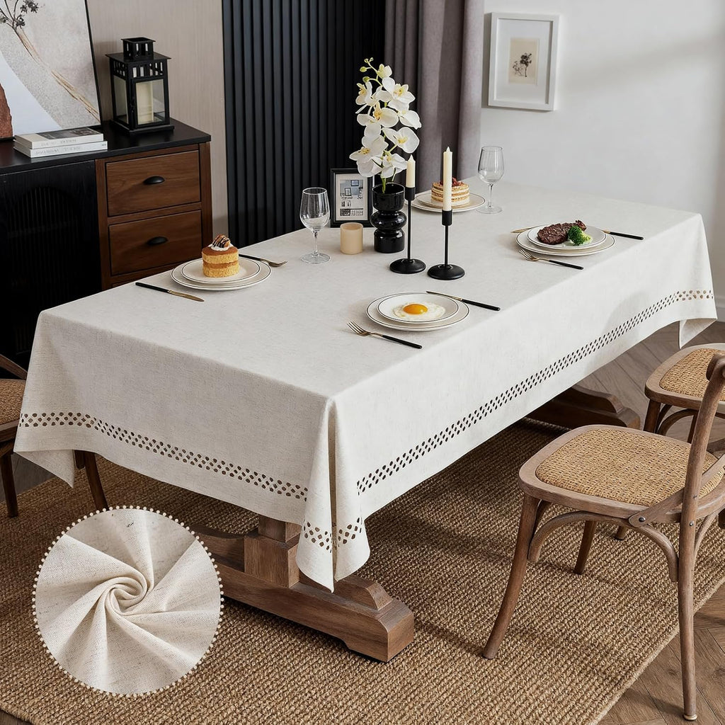Natural Tablecloth, Rectangle Tablecloth with Decorative Cutouts, Stain Resistant & Wrinkle Free Tab