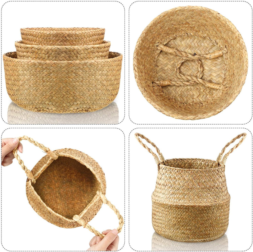 3 Set Seagrass Belly Storage Basket Woven Plant Pot Holder with Handles for Plants Picnic Grocery Laundry(Natural