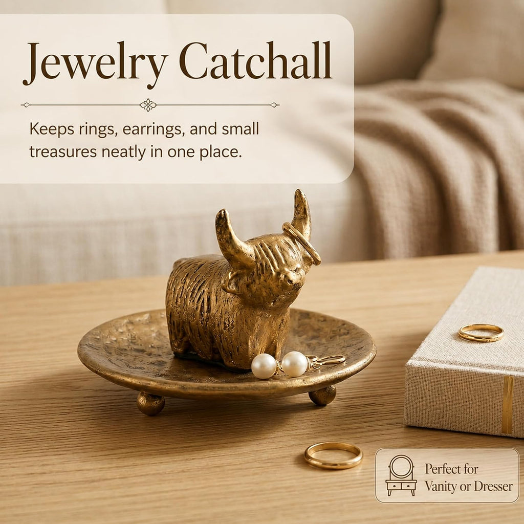 Highland Cow Jewelry Dish, Vintage Brass Cast Iron Trinket Tray for Rings, Earrings, and Keys, Decorative Ring Holder