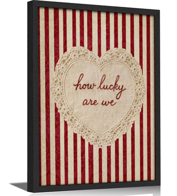 Framed 'How Lucky Are We' Heart Wall Art, Vintage Red Stripe Lace Canvas Print, Rustic Farmhouse Decor Bedroom Guest