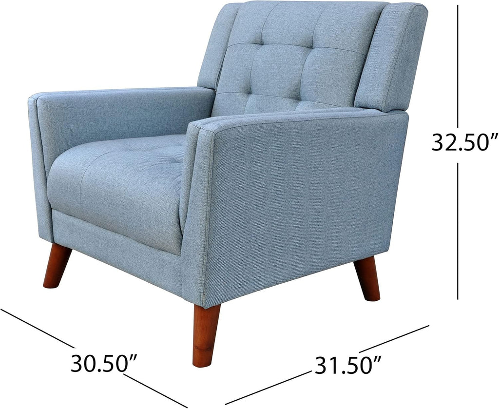 Alisa Mid Century Modern Fabric Arm Chair, Blue and Walnut