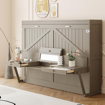 Queen Horizontal Murphy Bed with Desk and Storage Drawers & Mirror, Wood Farmhouse Folding Murphy Bed Cabinet with Storage Drawers and Vanity Desk, for Adults (Distressed Gray)