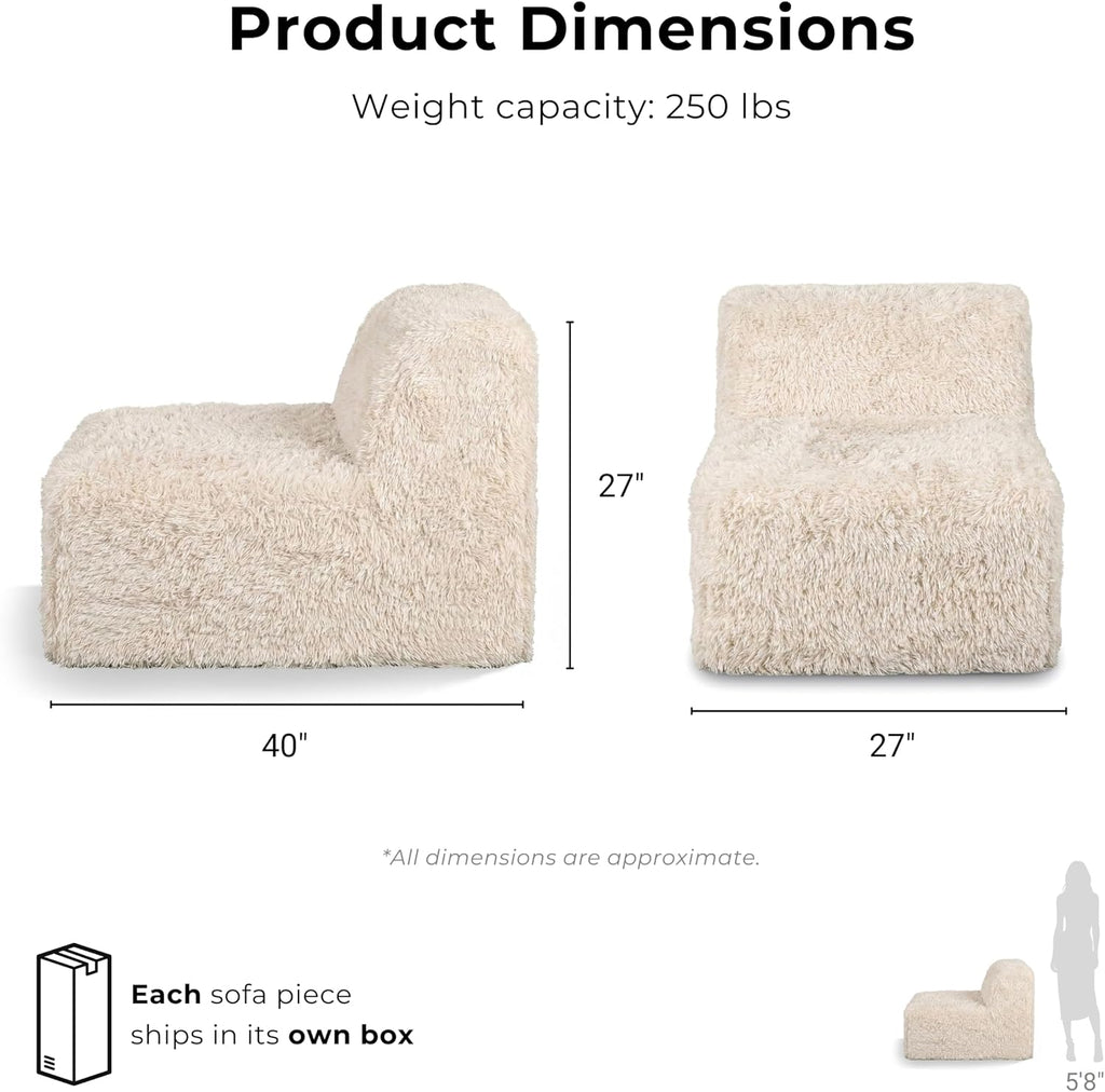 Havyn Modern Faux Fur 5-Seater L-Shaped Modular Foam Sectional Sofa, Compressed Couch in a Box, No Assembly Required