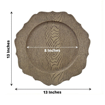 Rustic Natural 13 in Wooden Round Acrylic Charger Plates | 13-Inch Scalloped Trim Serving Dinnerware Set for Dinner