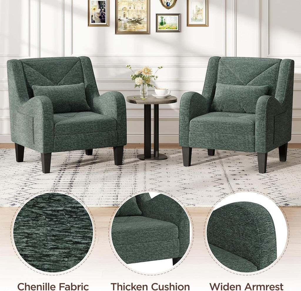 Chenille Accent Chair Bedroom Chair Comfy Reading Chair Upholstered Arm Chair, Single Sofa Chair with Lumbar Pillow