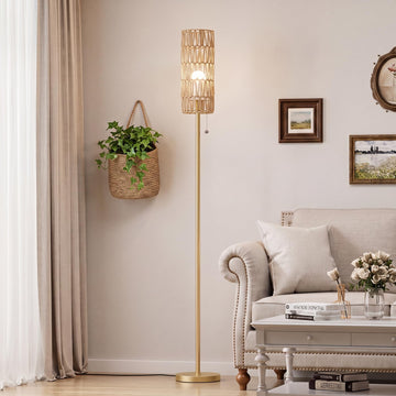 64" Floor Lamp with Bulb & Rattan Shade & Chain Switch, Beige