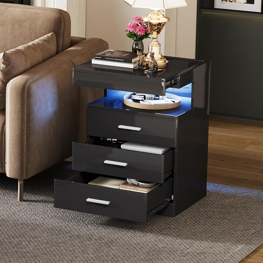 Led Nightstand with Hidden Space, Modern Night Stand with Charging Station, 3 Drawer Smart Nightstand with Glossy