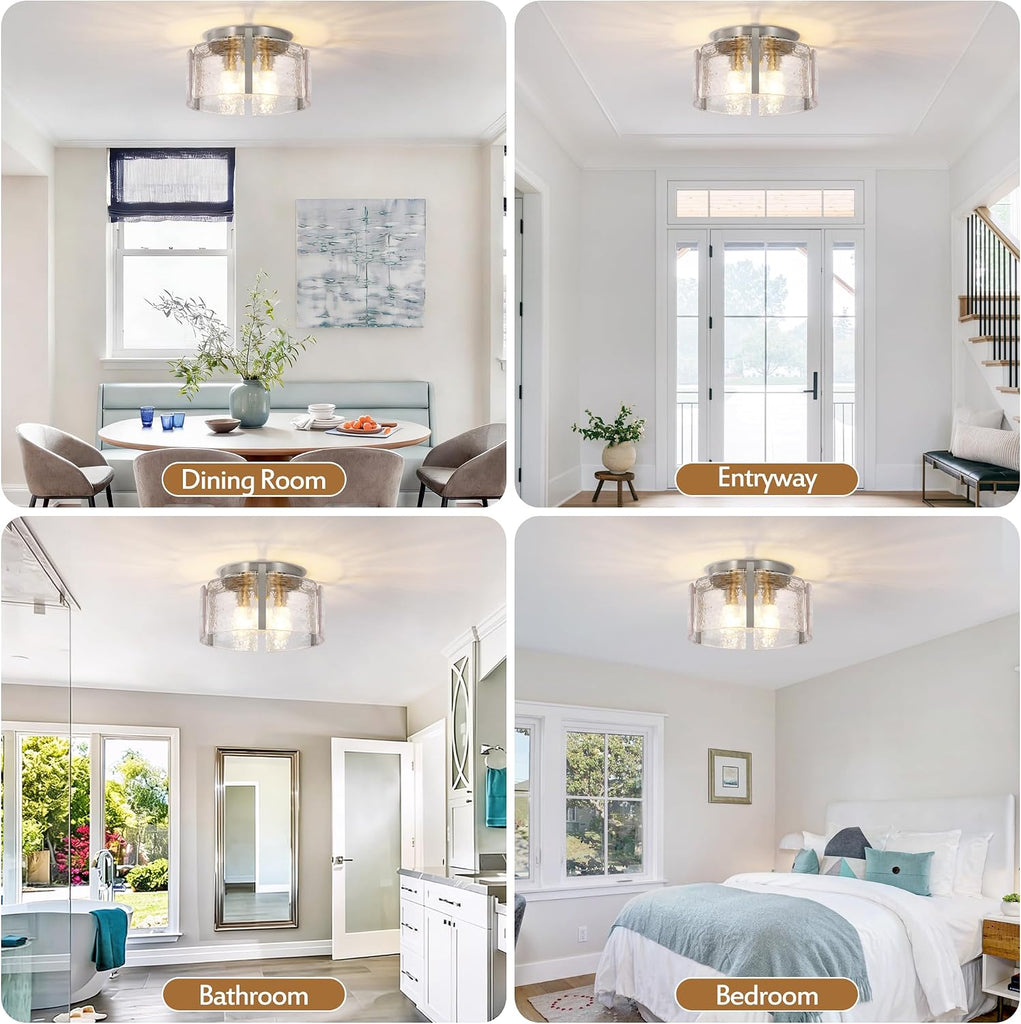 Brushed Nickel 3-Light Semi Flush Mount Ceiling Light, 15'' Modern Dimmable Hallway Fixture with Hammered Glass