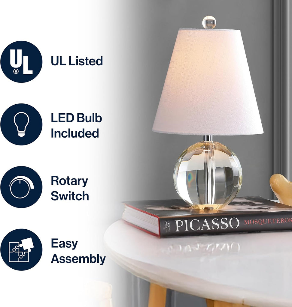 16" Clear Crystal Ball LED Table Lamp, White Modern Bedside Lamp, with White Linen Empire Shade