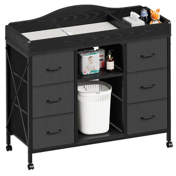 Changing Table, 6-Drawer Dresser, Adjustable Shelves, Mobile, Black | Changing Table,Waterproof Diaper pad & Safety