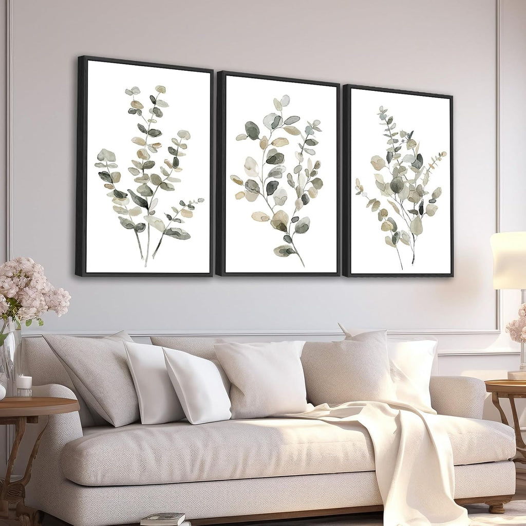 Large Framed Botanical Wall Art, Eucalyptus Leaf Decor, 16"x24" Set of 3