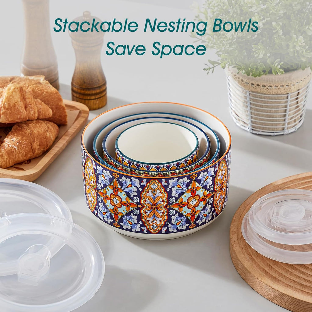 Serving Bowls with Lids, Ceramic Mixing Bowls Set of 4, Boho | Nesting Bowls for Food Storage, Prep, Stackable