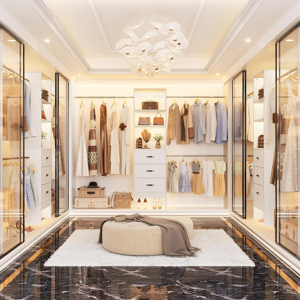 96'' Closet Organizer System with 3 Hanging Rods, 8FT Closet Organizers and Storage with 3 Wooden Drawers, Built in