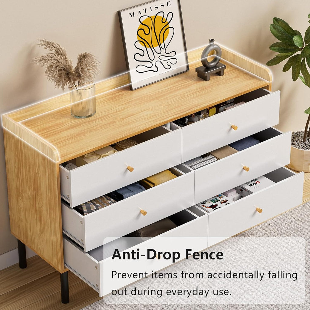 Dresser , 6 Drawer Natural Wood Dresser with Wide Drawer and Metal Handles, Modern Dressers & Chests of Drawers