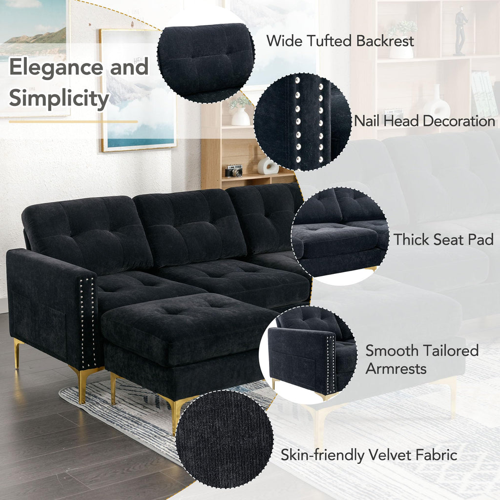 Velvet Modern Large Sectional Sofa (Black)