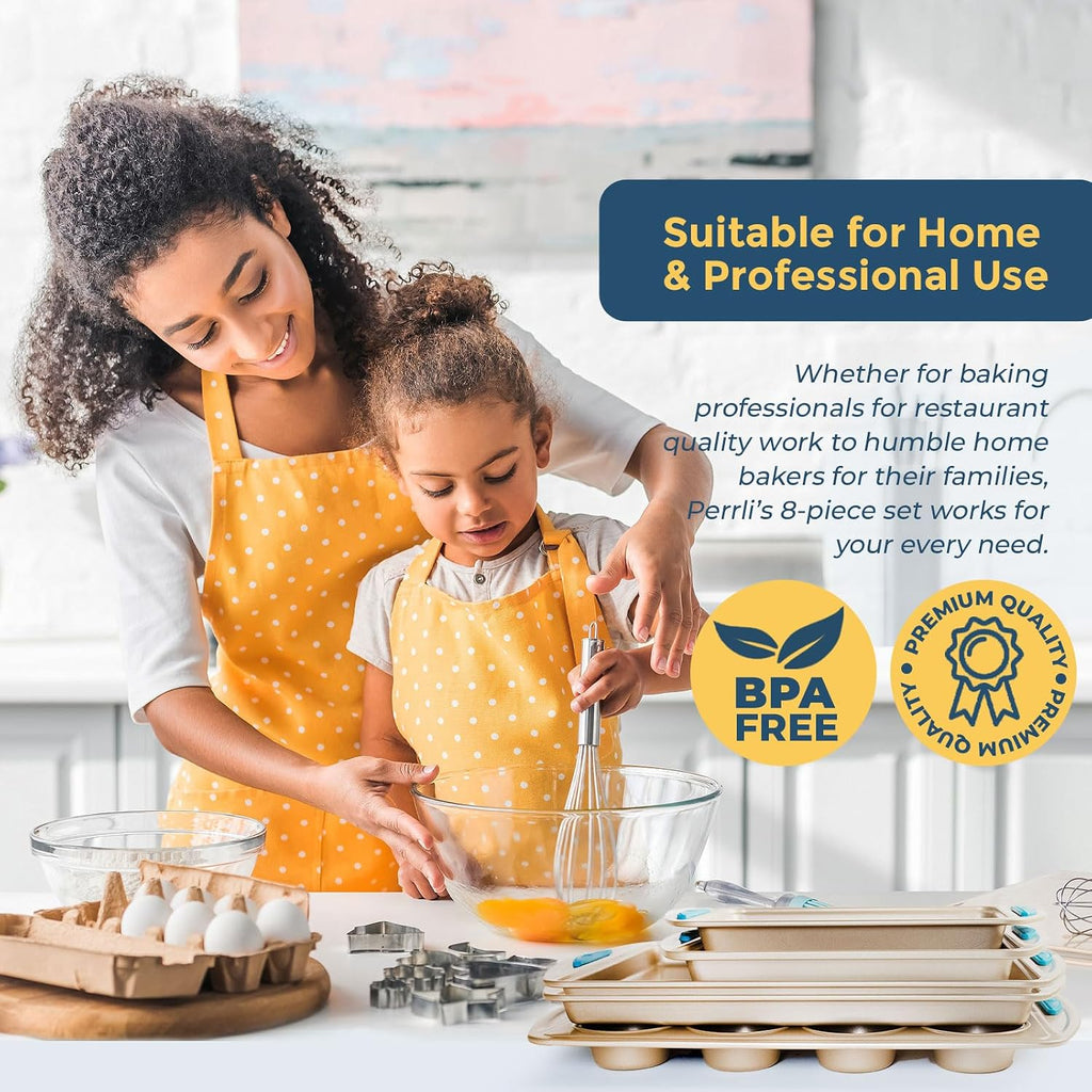 Kit: Nonstick Gold Steel Oven Set - 10 Pieces, Cookie Sheets, Cake Pans, 9x13Pan with Lid, Loaf & Deep Pans, Pizza