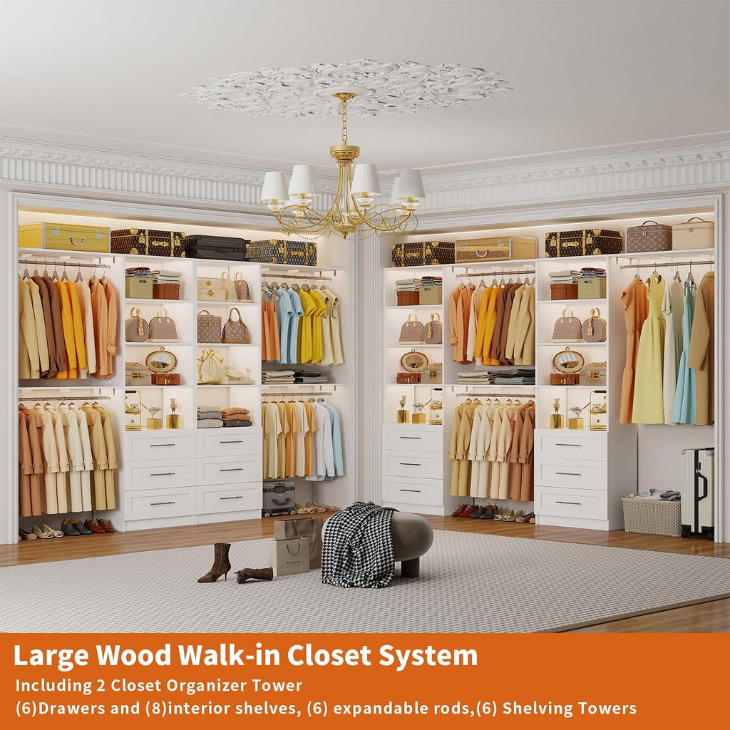 Closet System with 6 Drawers, 6-12.3FT Closet Organizer System Wood with 8 Shelves & 6 Expandable Hanging Rods
